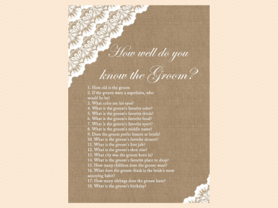 how well do you know the groom, who knows groom best, Burlap, and Lace, Rustic Unique Bridal Shower Games, Games, Wedding Shower Games BS34