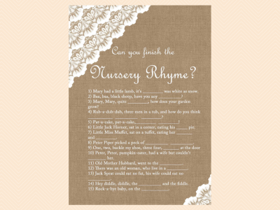 nursery rhyme game, Burlap & Lace Rustic Baby Shower Games Printable