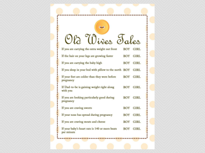 old wives tales, baby gender game, cute as a button baby shower them games
