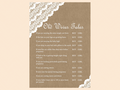old wives tales, gender game, Burlap & Lace Rustic Baby Shower Games Printable