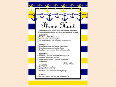 phone hunt ,  yellow, blue, navy nautical bridal shower game pack, beach, sea
