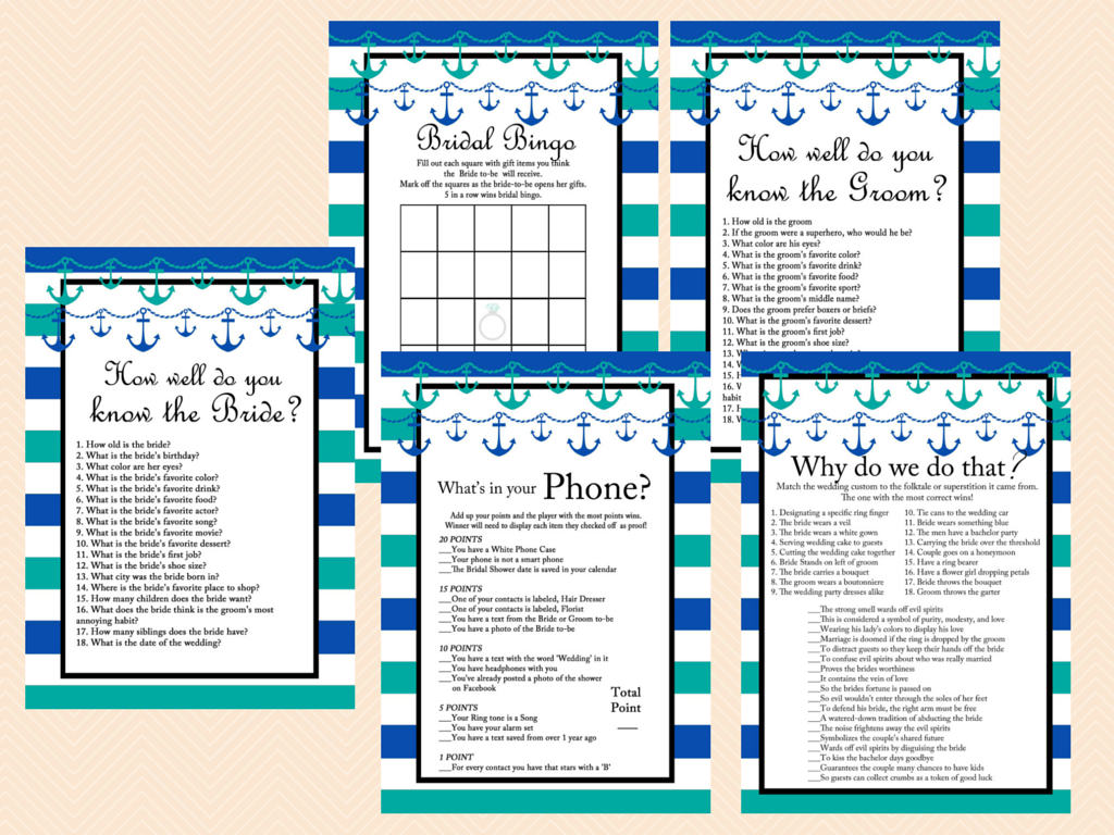 Teal Nautical Bridal Shower Games - Magical Printable