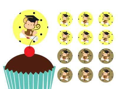 Monkey, School Gradution Cupcake Toppers Printable, Download, Cupcake, Baby Shower Toppers, Birthday Toppers, 2 inch Circle Toppers, Labels