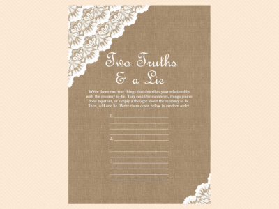 two truths a lie, Burlap & Lace Rustic Baby Shower Games Printable