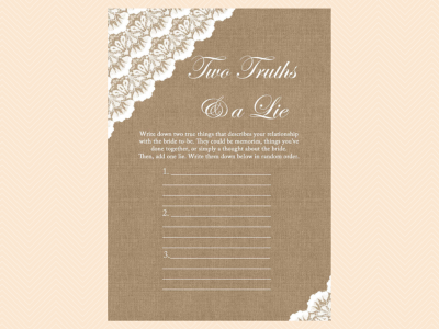 two truths a lie, Burlap, and Lace, Rustic Unique Bridal Shower Games, Games, Wedding Shower Games BS34