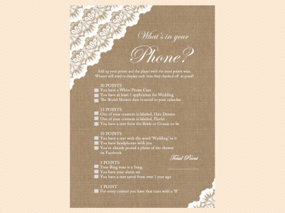 whats in your phone, Burlap, and Lace, Rustic Unique Bridal Shower Games, Games, Wedding Shower Games BS34