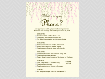 whats in your phone, Willow Tree Baby Shower Games Printables, download, Unique Baby Shower Games, Baby Shower Activities TLC12