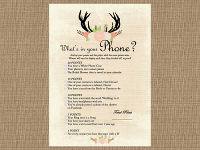 whats in your phone, cellphone game, Rustic Bridal Shower Game printables, Country Bridal Shower Games, Wedding Shower BS41