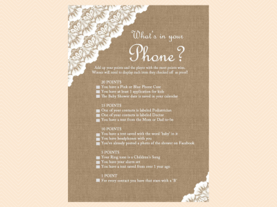 what's in your phone, phone hunt, cell phone game, Burlap & Lace Rustic Baby Shower Games Printable