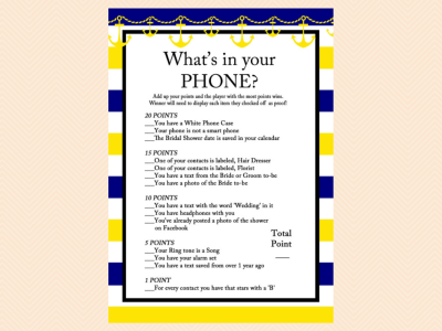 whats in your phone,  yellow, blue, navy nautical bridal shower game pack, beach, sea