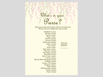 whats in your purse, Willow Tree Baby Shower Games Printables, download, Unique Baby Shower Games, Baby Shower Activities TLC12