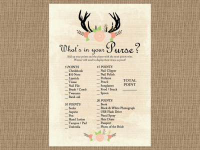whats in your purse game, Rustic Bridal Shower Game printables, Country Bridal Shower Games, Wedding Shower BS41