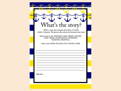 whats the story,  yellow, blue, navy nautical bridal shower game pack, beach, sea