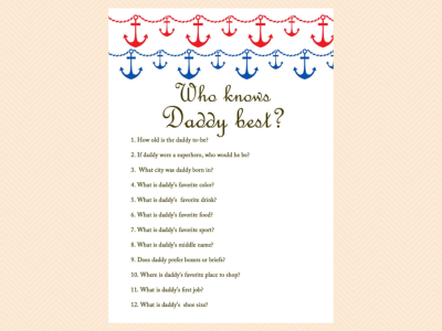 who knows daddy best, Nautical, Beach Baby Shower Games Printables, Instant download, Anchor, Sea Theme, Blue Red, Unique Baby Shower Games TLC13
