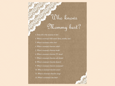 who knows mommy best, Burlap & Lace Rustic Baby Shower Games Printable