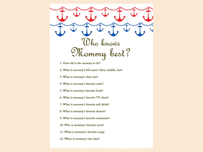 who knows mommy best Nautical, Beach Baby Shower Games Printables, Instant download, Anchor, Sea Theme, Blue Red, Unique Baby Shower Games TLC13