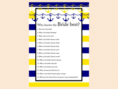 who knows the bride best,  yellow, blue, navy nautical bridal shower game pack, beach, sea