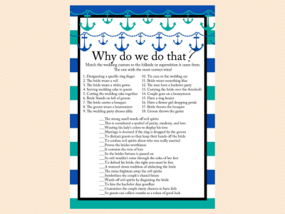 why do we do that bridal shower game, how well do you know the bride, who knows groom best,  teal, blue, white stripes nautical bridal shower games, printable, anchor