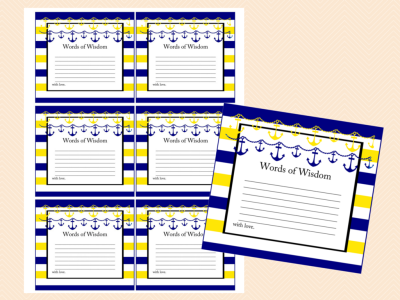 words of wisdom,  yellow, blue, navy nautical bridal shower game pack, beach, sea ns58