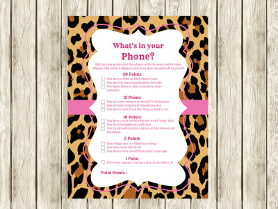 Modern What's in your Phone baby shower game, Modern baby Shower Games, Printable baby shower games, pink safari, pink leopard baby, lp1