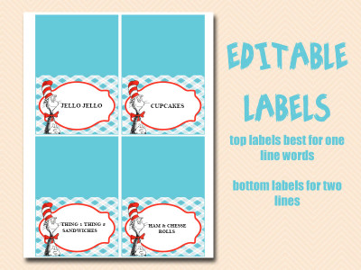 dr seuss baby shower games, cat in the hat baby shower game pack tlc61 food labels, placecards, labels editables