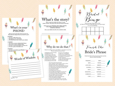 feather and tribal bridal shower games, printable games, instant download bridal shower games, nature, birds