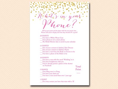whats-in-your-phone Hot Pink and Gold Confetti Bridal Shower Games