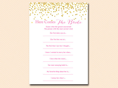 here-comes-the-bride Hot Pink and Gold Confetti Bridal Shower Games