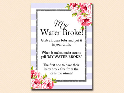 lavender Baby Shower Games Printables, my-water-broke
