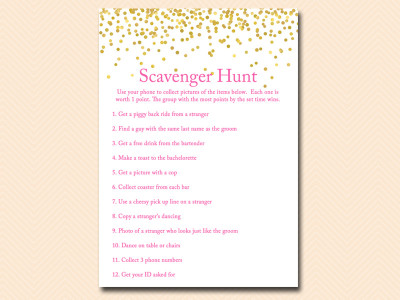 scavenger-hunt-hens-party Hot Pink and Gold Confetti Bridal Shower Games