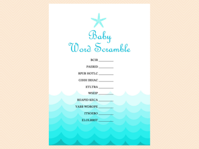 baby word scramble, Beach, Sea Waves, Nautical Baby Shower Games Printable,
