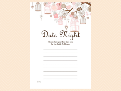 date night card, Pink Bridal Shower Game Printables Pack, Bachelorette Games, Birdcage,