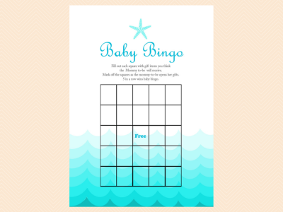 gift bingo, Beach, Sea Waves, Nautical Baby Shower Games Printable, Beach Theme