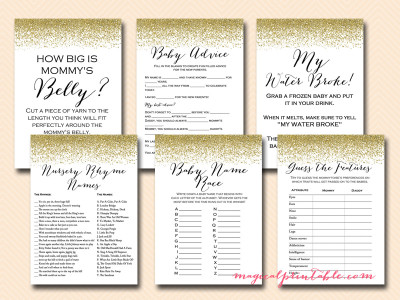 gold glitter baby shower game pack, printable baby shower games, instant download, tlc87, gold confetti baby shower games