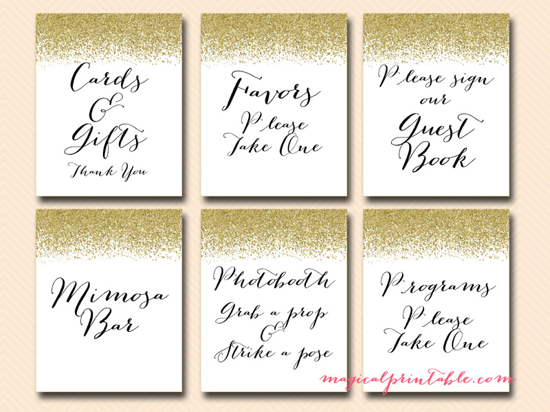 Printable Gold Glitter Wedding Signage - Bridal - Baby Shower
