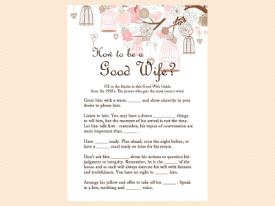 how to be a good wife guide, Pink Bridal Shower Game Printables Pack, Bachelorette Games, Birdcage,