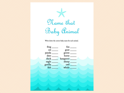 name that baby animal, Beach, Sea Waves, Nautical Baby Shower Games Printable, Beach Theme Baby Shower