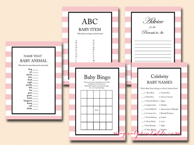 pink stripes, baby girl baby shower game pack tlc03