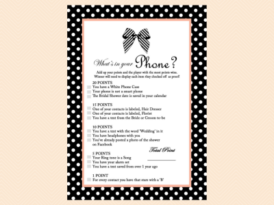 whats in your phone, Black and White Ribbon Bridal Shower Games Printable