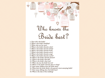 who knows the bride best, Pink Bridal Shower Game Printables Pack, Bachelorette Games, Birdcage,