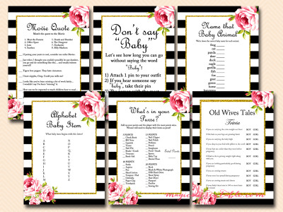 BLACK STRIPES BABY SHOWER GAME PACK, PRINTABLE, AUSSIE ENGLISH SPELLING