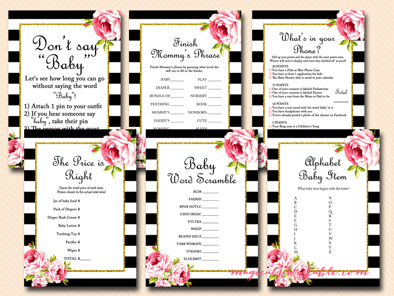 Floral Black and White Baby Shower Games - Magical Printable