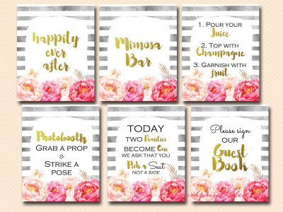 black stripes, watercolor, peonies, flower, gold, wedding signs, decoration signs, happily ever after, cards and gifts