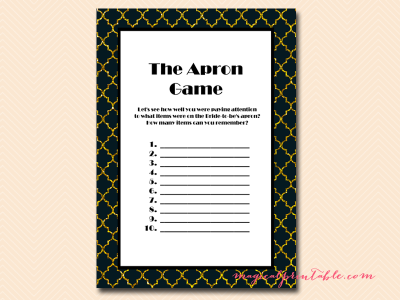 the apron game, Gold and Black Bridal, Art Deco Bridal, Twenties Bridal Shower Games, Bridal Shower Games