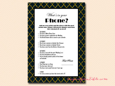 whats in your phone, purse game, Gold and Black Bridal, Art Deco Bridal, Twenties Bridal Shower Games, Bridal Shower