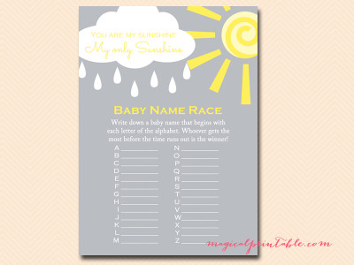 baby-name-race You are my Sunshine Baby Shower Game Pack