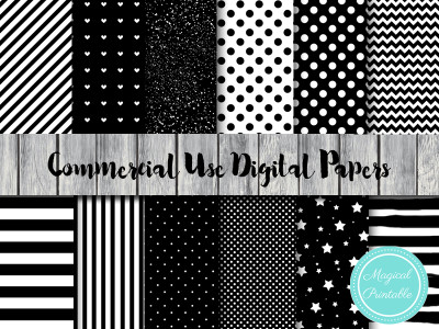 black and white digital papers, black stripes digital papers, black dots