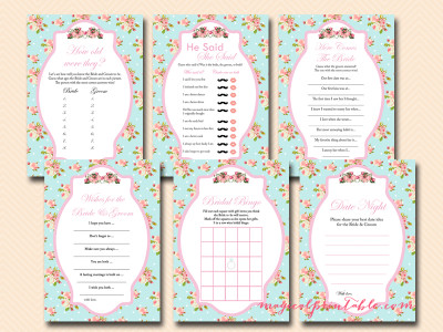 floral shabby chic bridal shower game pack, something blue, bs141