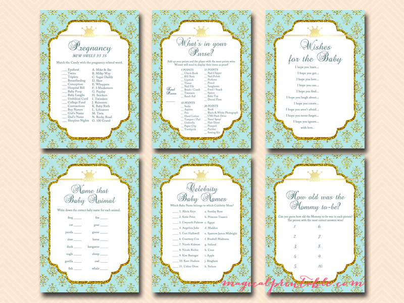 Gold and Light Blue Prince Baby Shower Game Package
