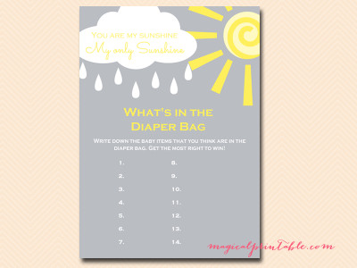 whats-in-the-diaper-bag You are my Sunshine Baby Shower Game Pack